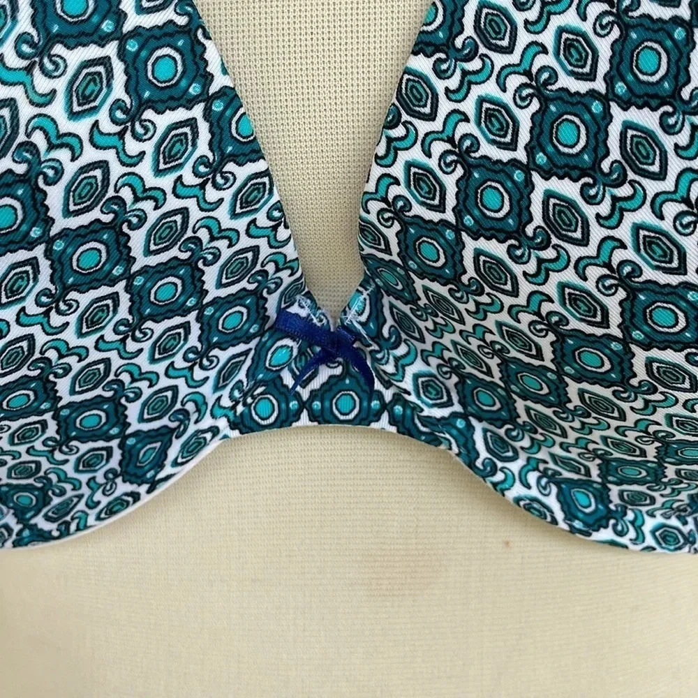 Cacique Teal White Geometric Boost Plunge Plus Size Bra - Picture 3 of 14